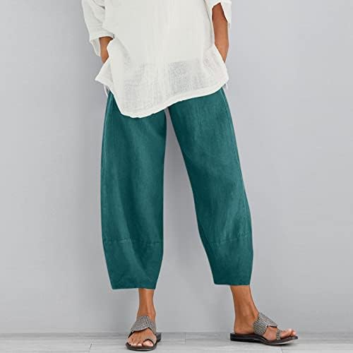Летни панталони за жени памучни постелнина еластична половината лесни панталони ретро цветно печатење широки панталони за нозе