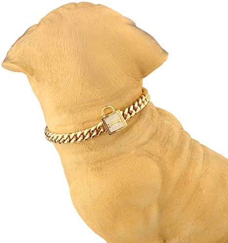 Јака од синџирот на кучиња Aiyidi, јака од кубански ланец од 12 мм, јака од сребро/злато кучиња од 316L, со јака за обука на цирконија, заклучување на луксузно кучиња ѓердан