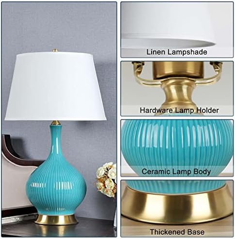 Puresilks Современа рачно изработена ламба за керамичка маса, минималистичка сина маса за сина маса со бела сенка на ткаенината,