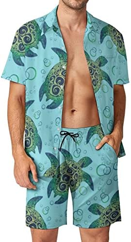 Weedkeycat морски желки образец за мажи на плажа облека 2 парчиња хавајски копче надолу со кошула Краток ракав и шорцеви