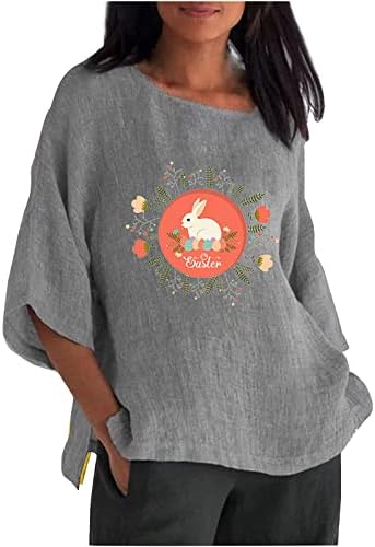 Велигденска маица жени женски моден тркалезен врат 3/4 ракав маица горниот памук и ленена кошула за зајаче