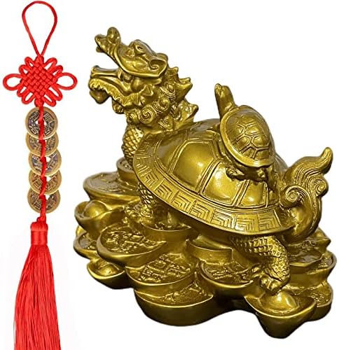 Фенг Шуи змеј желка пари жаба статуа Богатство Просперитет скулптура со сет од 5 среќни шарм на вметнат монети на црвена низа Најдобро домаќинство