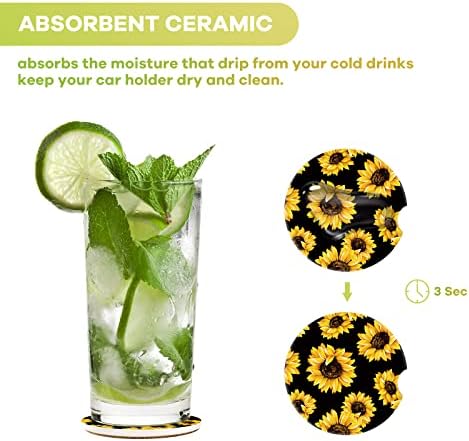 Sunflower Car Coasters for Drinks Absorbent with Cork, Cute Ceramic Car Coasters Set of 2 with A Finger Notch for Easy Removal,Auto Accessories for Women & Men