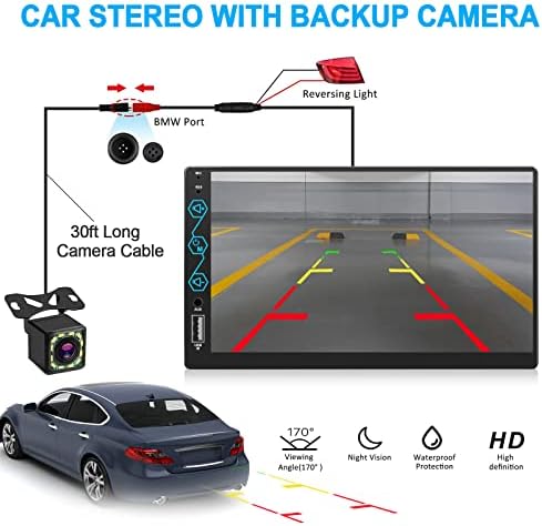 7-инчен двоен DIN Car Stereo System Компатибилен со Apple Car Play и Android Auto, Radio Car со екран на допир со говорна контрола, Bluetooth 5.2, сабвуфер, А-Линк, резервна камера, FM/AM