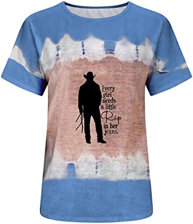 Врзана боја маица за жени гроздобер каубојски графички мета смешна буква печати случајна кратка ракав врвови лабава блуза за екипаж на екипаж
