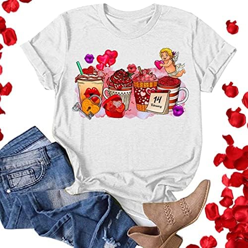 Nokmopo Valentine врвови женски лабава модна loveубов, печатење на тркалезниот врат со кратки ракави со кратки ракави, врвни плетени плетени