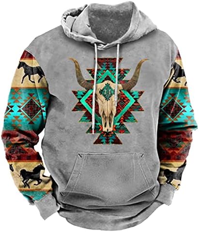 Западните џебови на Ацтеките на Firero Aztec Pullover Pullover врвови плус големина тенок етнички графички дуксери со џеб за влечење