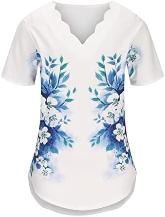 Qcemeni плус големина Туника врвови за жени v вратот кратки ракави маици цветни печатени блузи летни проточни кошула обични лабави