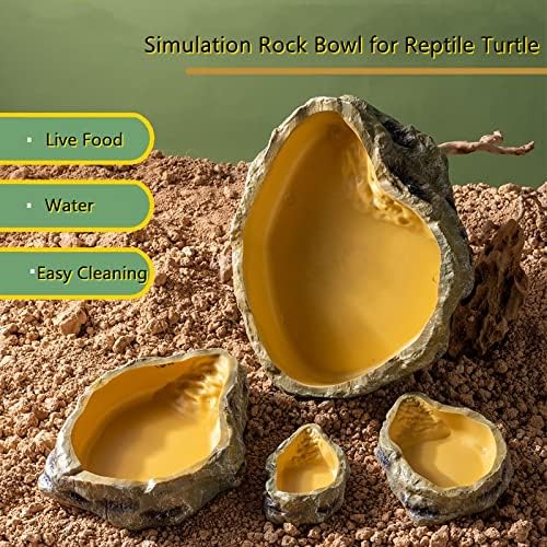 Чинија за хранење на влекачи Runxf со рампа симулација карпеста смола фидер леопард геко брадести змеј желки еж, додатоци за живеалиште за