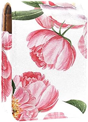 Кармин Случај Со Огледало Божур Цвеќиња Акварел Ботанички Розова Бела Усна Сјај Носителот Пренослив Кармин Кутија За Складирање Патување