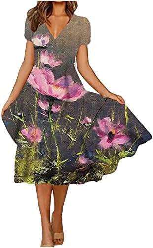 lcziwo цветен фустан за жени против вратот краток ракав лежерен долг фустан вратоврска боја печатена миди фустани за жени одмор