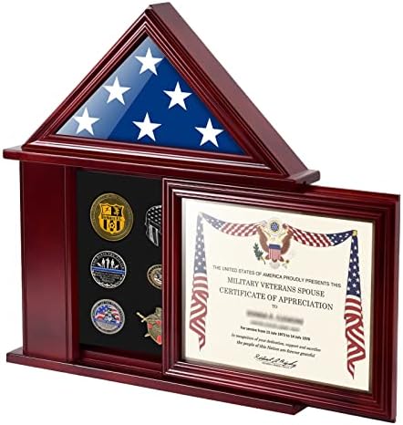 Дековудо Знаме и Сертификат Витрина &засилувач; 5 Редови Предизвик Монета Дисплеј Штанд Махагони Заврши