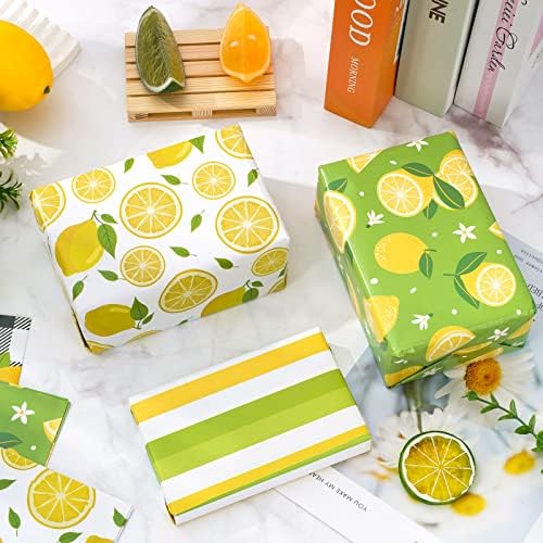 Секој дизајн 12 парчиња Хартија За Завиткување Лимон Жолто Зелена Шема На Лимон Хартија За Обвивка За Подароци Масовно Преклопена Рамна Пролет Летна Лента Карирани