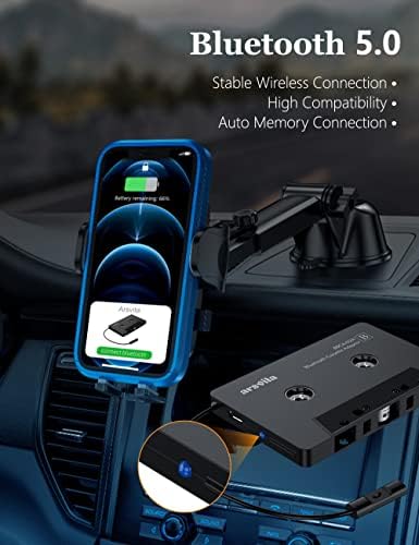 Arsvita Bluetooth 5.0 Касета до Aux адаптер за автомобил, аудио адаптер за лента, повик без раце, црна јаглен