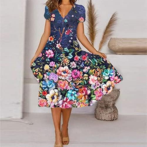 ADSSDQ женски фустан летен обичен мода лабава миди здолниште цветен принт краток ракав V-врат Голем замав фустан