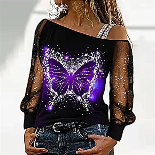 Iius Sequin Print Mesh Долга ракав маичка за жени секси надвор од рамото пулвер облечен асиметричен роса на рамената на рамената Топ