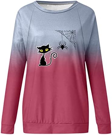 Narhbrg женски градиент пуловер џемпери црна мачка печатена кошули со долги ракави, тенки екипи вратот Едноставно опуштено потење врвови