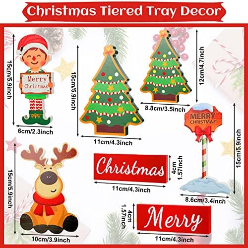 7 парчиња Божиќна табела со таблички, фарма куќа рустикална Божиќна затворена украси Дрвени нивоа послужавник