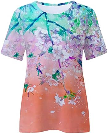 Womenенски блуза слива цветна графичка опуштена фит блузи маички кратки ракави екипаж вратот случајно есен летен блуза мм