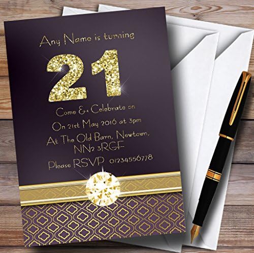 Виолетова Сатен И Злато 21-Ви Персонализирани Покани За Роденденска Забава