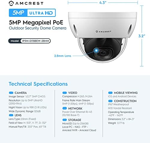 Amcrest 5MP POE камера, надворешна вандална купола безбедност PO IP камера, 5-мегапиксели, 98ft NightVision, 2,8 mm леќи, IP67,