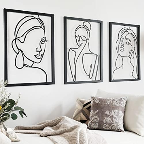 Remenna Black Minimalist естетски wallиден декор | Модерна апстрактна една линија женско тело уметност лице | голем метален