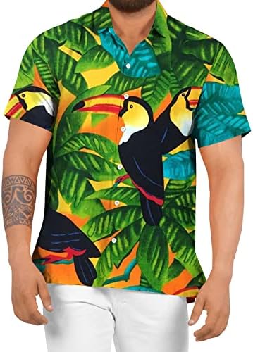 Убст Алоха кошули за мажи, машка хавајска кошула тропски дрво печати краток ракав копче надолу по врвовите лабави кошули на плажа цврста боја
