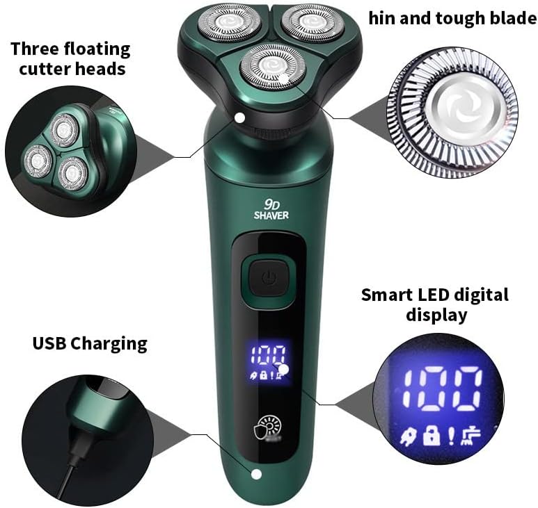 Електричен брич за мажи, 4 во 1 паметен електричен бричење LCD дигитален дисплеј со три-глава лебдечки брич USB за миење на повеќе функции за миење