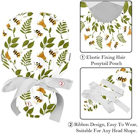 Медицински капи на Лорвис за жени со копчиња долга коса, 2 парчиња прилагодливо работно капаче, пчели и растенија разнобојно