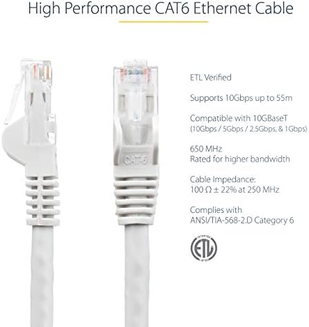 Startech.com 2m CAT6 Ethernet Cable - Бела мачка 6 Gigabit Ethernet жица -650MHz 100W POE ++ RJ45 UTP Категорија 6 Мрежа/лепенка без