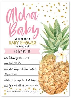 25 Алоха Луау покани за туширање за бебиња, Посипете покани за девојка, комејска ананас откриена тема, симпатична розова златна плажа