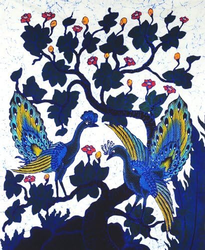 Оригинално сликарство со батик уметност на памук, „Паун на дрво“ од Агунг