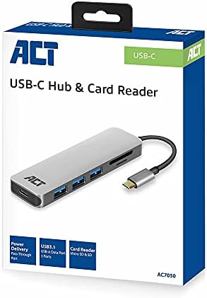 АКТ AC7050 USB C Центар 6 во 1, 3-Порт USB 3.0, USB Тип C 55w Pd Напојување, Sd/TF Читач На Картички, Со Премиум Алуминиумско Куќиште