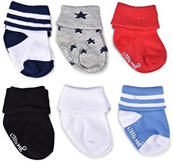Малку ме бебе момчиња 6 пакувања чорапи, густа памучна богата со памук, терито, вртете ги чорапите за манжетни за новороденче, дете, избрани