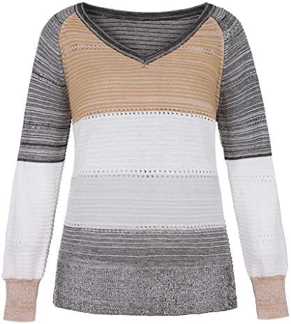 Muduh џемпери за жени исечени V-вратот шулеа лабава лесна обична боја на контраст на боја со долг ракав моден пуловер