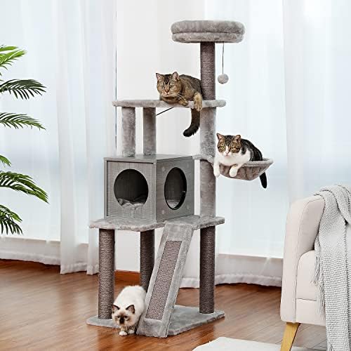 Дрво платформа за мачки 4 нивоа за големи мачки кои се прикажани со целосно гребење на натписи, хамак, постепена перница и топка што виси