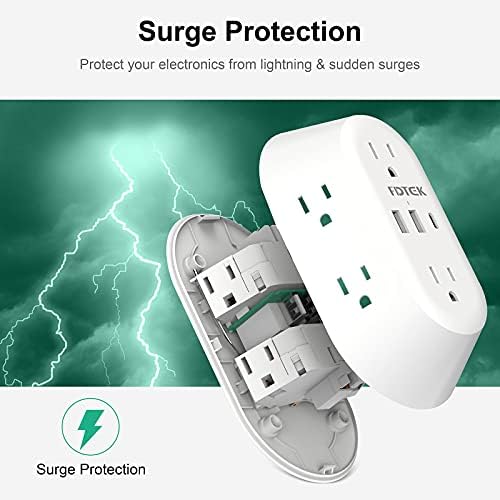 USB Wallиден полнач, FDTEK Surge Protector 6 излез за напојување со повеќе приклучок со порти за полнење со USB-C, 3-страничен адаптер за приклучок за приклучок за приклучок за внатр