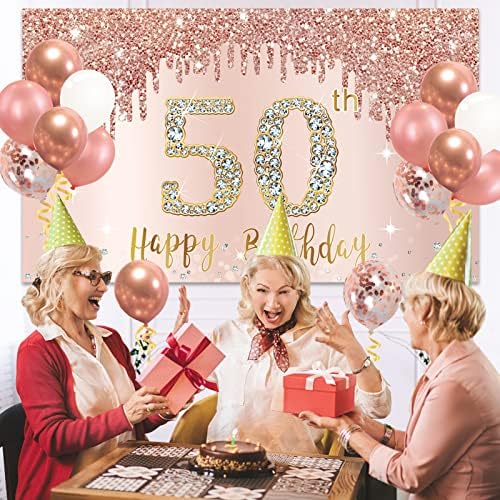 Среќен 50-Ти Роденден Банер Позадина Украси Со Конфети Балон Венец Лак, Розово Злато 50 Роденден Банер Балон Во Собата За Жени,