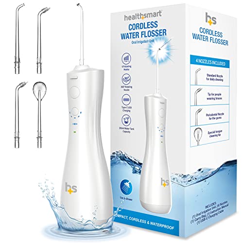 HealthSmart Компактен безжичен вода Flosser, USB за полнење на типот-C, ги отстранува честичките на храната, 4 млазници за чистење, 6 режими