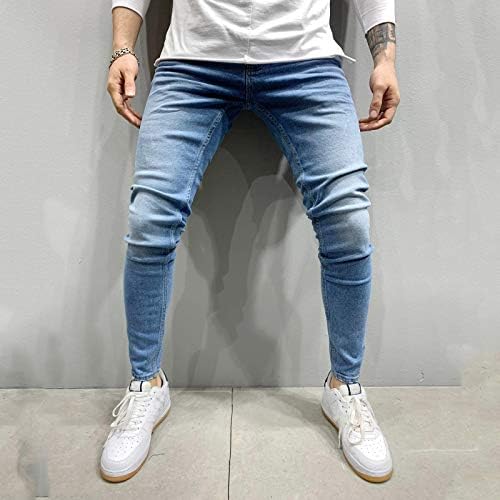 Машки слаби обични панталони фармерки фитнес се протегаат цврсти боди -билдинг џеб кожа со целосна должина спортски панталони