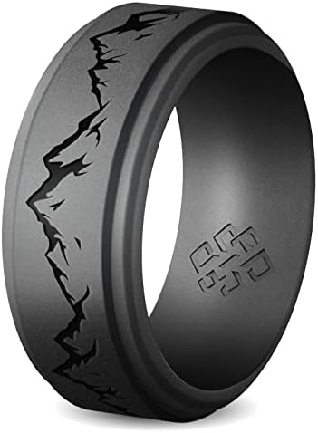 Теорија на јазол Планински силиконски прстен за мажи - 9мм врежана удобност за дишење, вклопена гума свадбена лента
