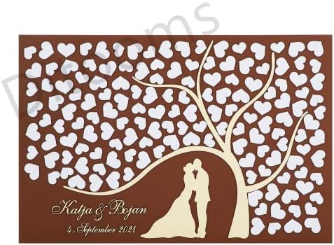 Персоналните 3д Рустикален Капка Кутија Свадба Книга За Гости Алтернативно Име, Датум, Невестата &засилувач; Младоженецот Двојка со Срца