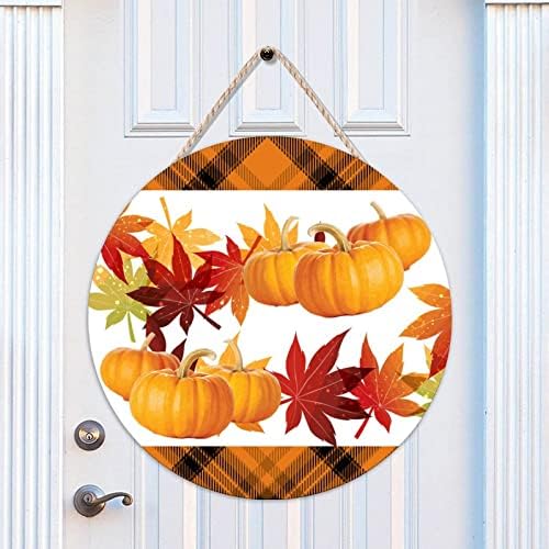 Mesllings Среќна Денот на благодарноста Ретро Вуд врата знак, знак на влезна врата од тиква, 18 x 18 есен добредојдена wallидна врата,