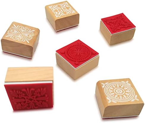 Diyomr сет од 6 цврсти марки од дрво квадратни гроздобер гумен печат цветна шема декоративни дрвени марки за скриптирање картички за подароци