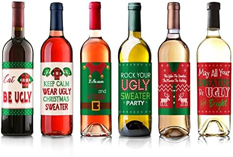 12 парчиња Божиќна забава Декорации за шише со вино, налепници за етикета за божиќно вино XMAS шише со шише со шише Подарок за подароци