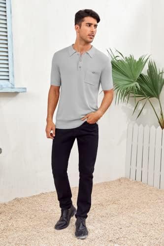 Менс плетени поло маици со кратки ракави солидна плетена поло маица со џебни класични канцелариски врвови