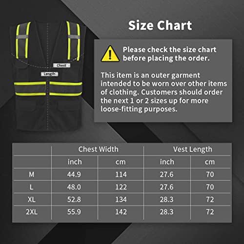 Shorfune Shildibility Security Security Vest со џебови, MIC јазичиња, патент и рефлексивни ленти, рефлексивен градежен елек за мажи и жени, стандарди ANSI/ISEA, црна, XL