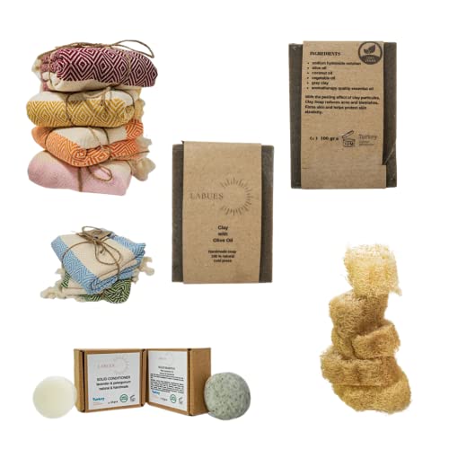 Лаборатории Природни рачно изработени сет за подароци-Шампон бар и балсам-10-15 миење на косата, рачно изработено глинено сапун, природна лопа и турска крпа за лице-г?