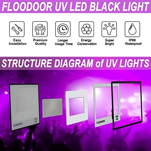 Flooduor 2 Pack 100W LED црна светлина ， црни светла за сјајна забава со приклучок и прекинувач, IP66 водоотпорна светлина за поплави од црна светлина за забавата на Blacklight, свет