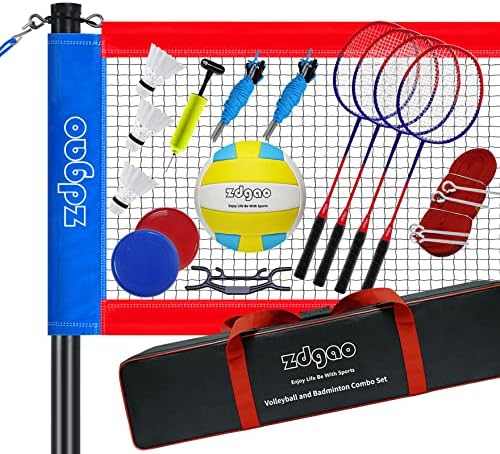 Комбо сет на Zdgao Badminton & Одбојка - Професионална одбојка мрежа за тревник, двор, лесен поставен одбојка сет со торба за носење,